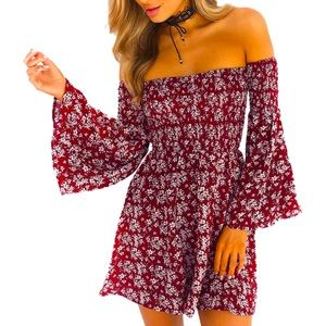 Red Boho Floral Off The Shoulder Dress